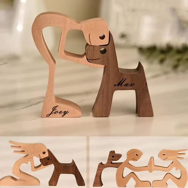 Ornements en bois humains avec chien, décoration de Noël en famille, artisanat d'art, jouets en bois, cadeaux de décoration pour fille et animal de compagnie