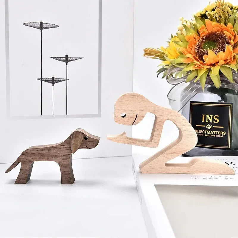Ornements en bois humains avec chien, décoration de Noël en famille, artisanat d'art, jouets en bois, cadeaux de décoration pour fille et animal de compagnie